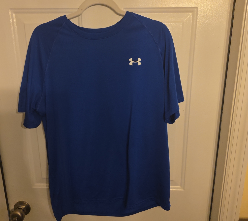 Under Armour Men's Blue Short Sleeve Athletic Tee with White Logo